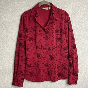 Croft‎ & Barrow Floral Button Down Top Stretch Blouse Long Sleeve Burgundy M